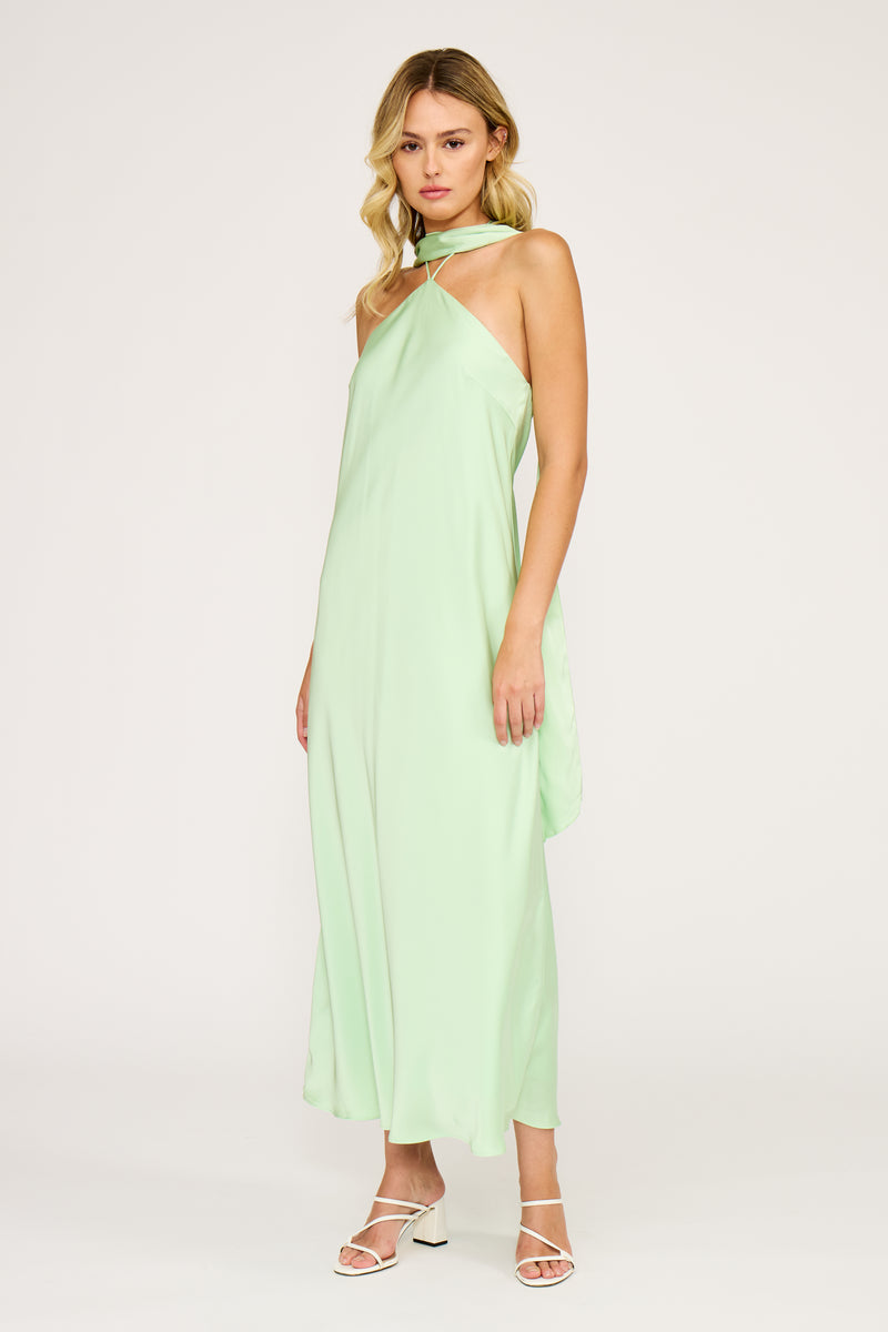 halter dress with scarf Devon L / Light Green skimming silhouette that commands Brand: Blâshe Color:Silverlake Wash Celtic Robe Maxi Dress