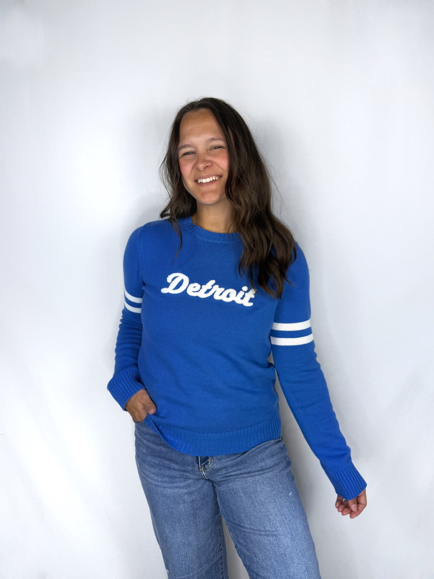 Detroit Cursive Blue Sweater