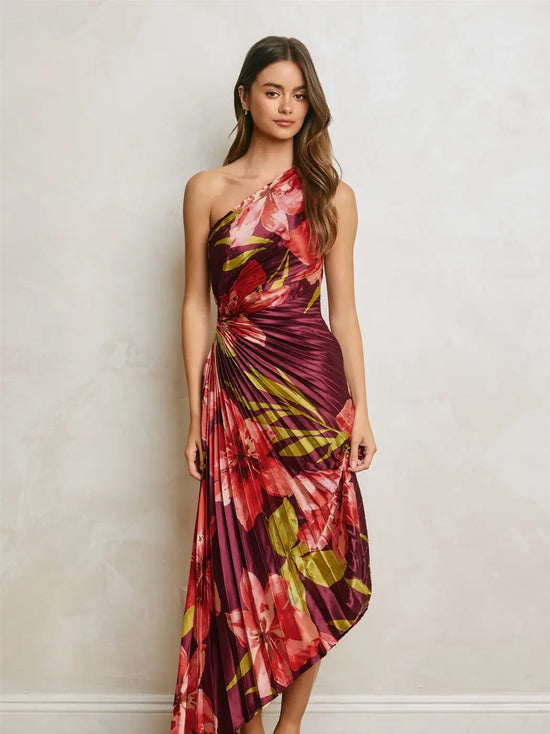 one shoulder floral midi dress Garden – Ferne Boutique Size:36W L30 Neckline_Halter Adrianne Tiered Organza Midi layered jersey renowned for