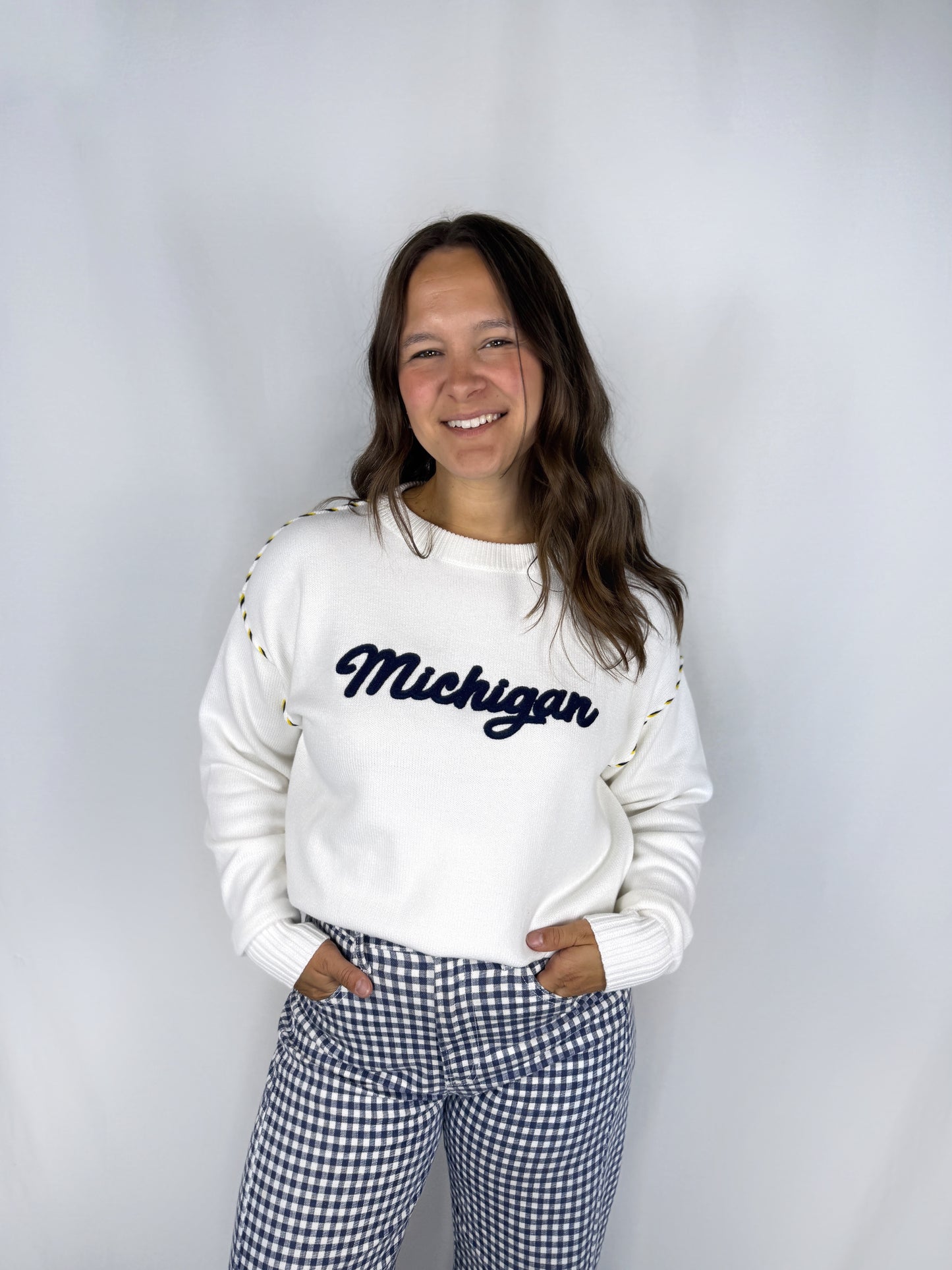 Michigan White Whipstitch Sweater
