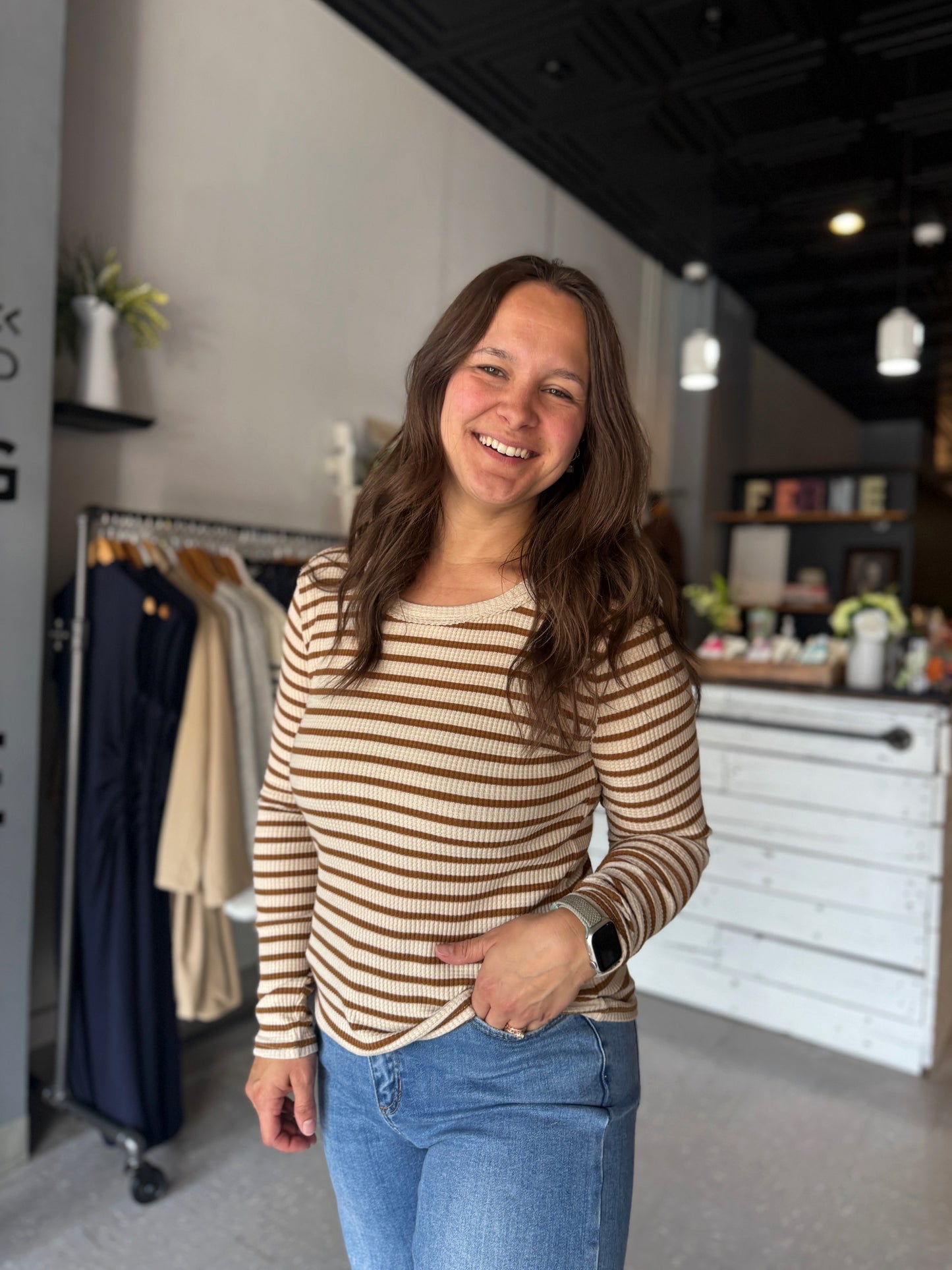 Arlet Stripe Thermal Top in Saddle Suede