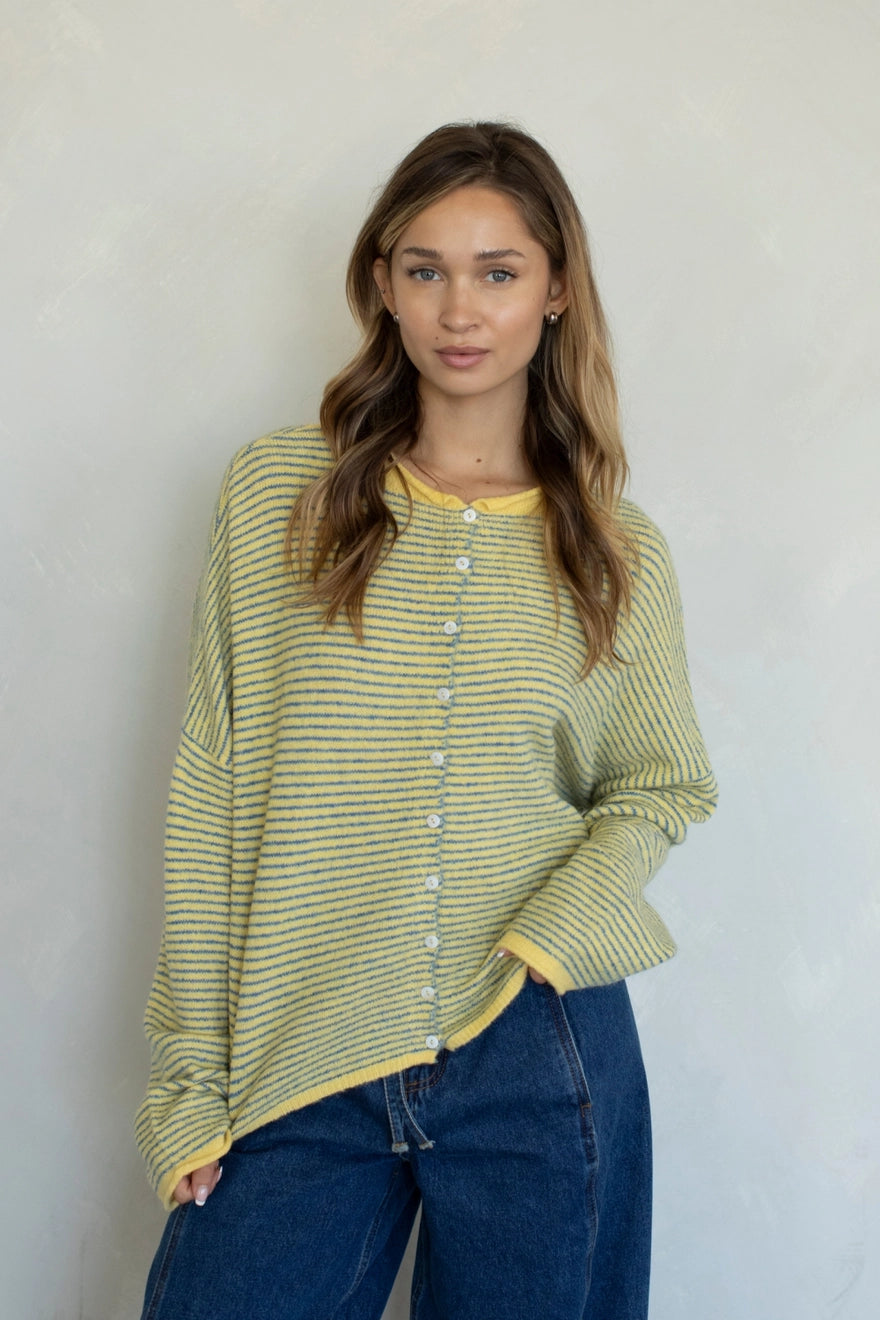 Piper Cardigan Pin Stripe Yellow and Blue