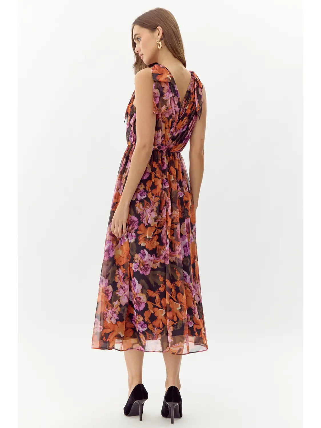 Vianka Tie Shoulder Chiffon Midi Dress