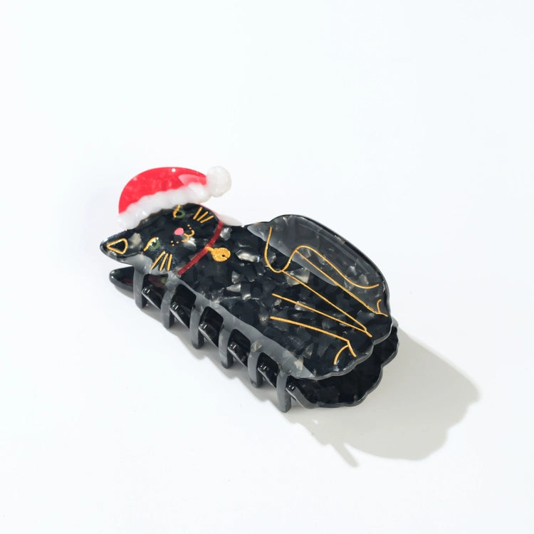 Black Cat Santa Hat Claw Clip
