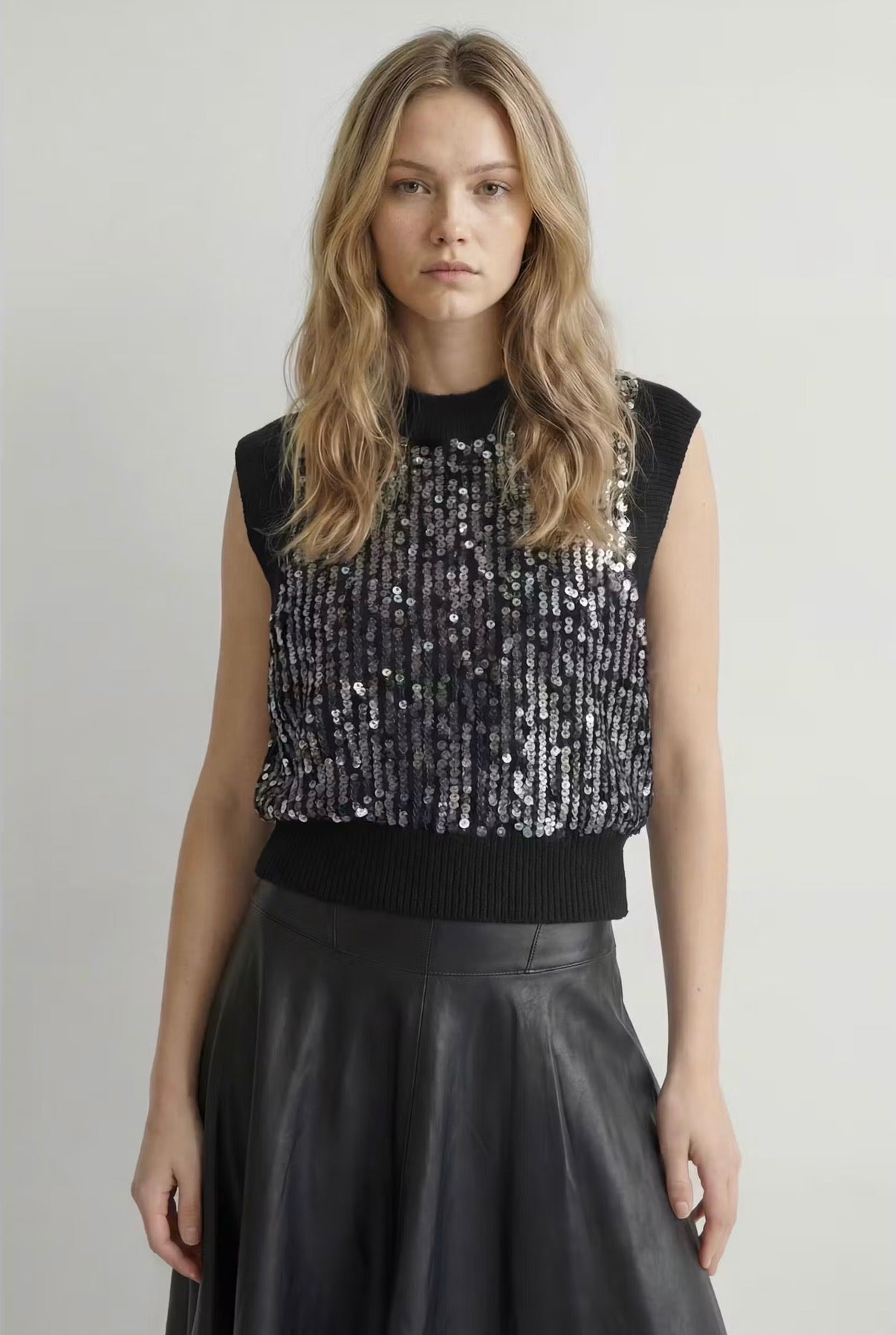 Tara Sequined Knit Vest in Black