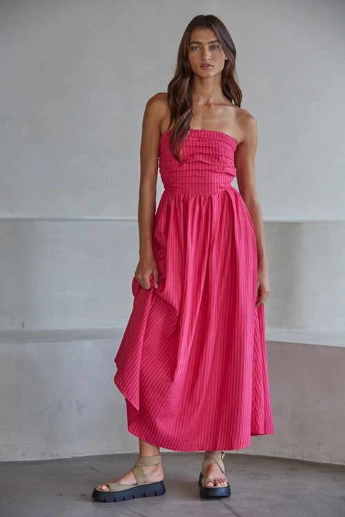 Coastline Strapless Striped Dress in Pink Ferne Boutique Coastline Strapless Striped Dress in Pink Ferne Boutique