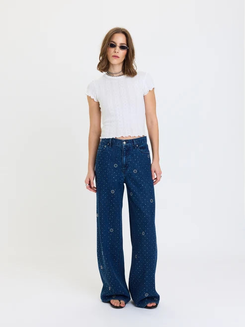 The Wanderer Mid Rise Palazzo Jeans in Glimmer