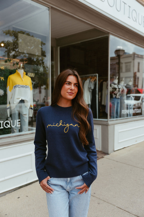 Michigan Cursive Sweater Navy