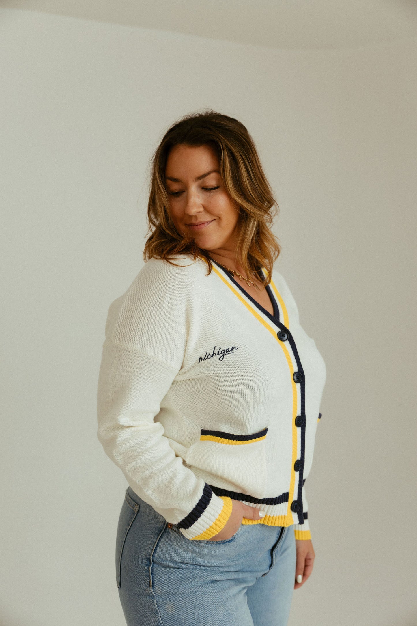 Michigan Go Blue Varsity Cardigan White