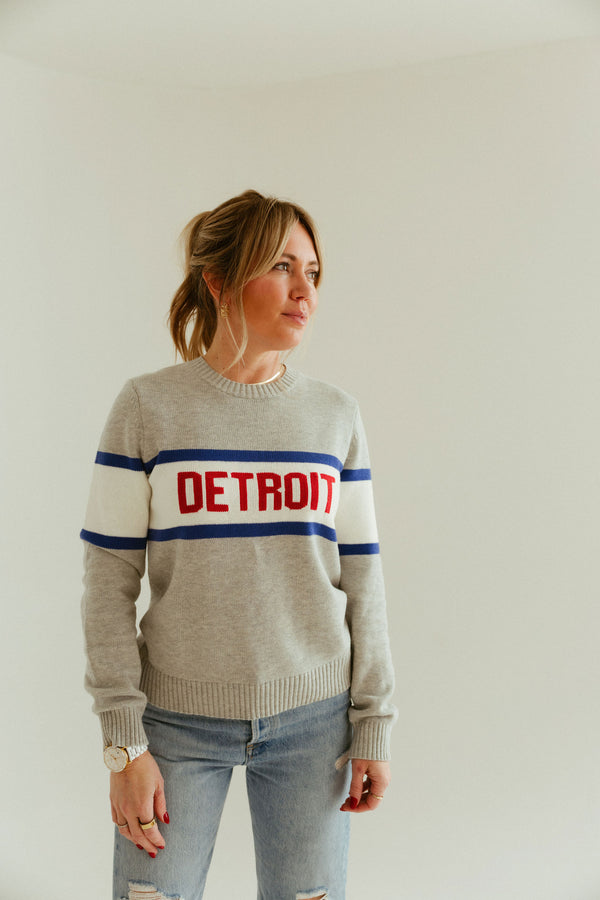 Detroit Block Grey Sweater with Red/Navy Stripes