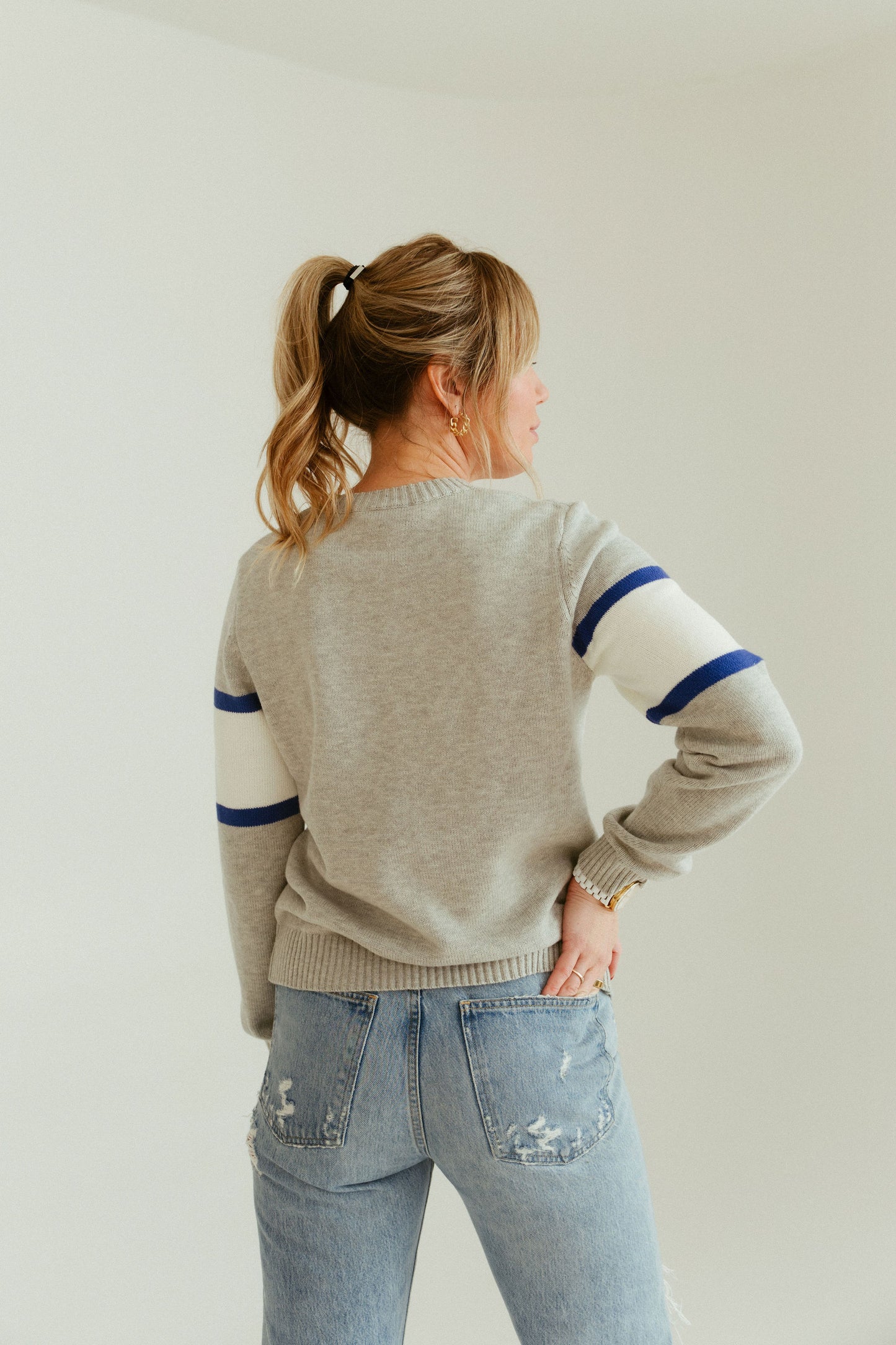 Detroit Block Grey Sweater with Red/Navy Stripes