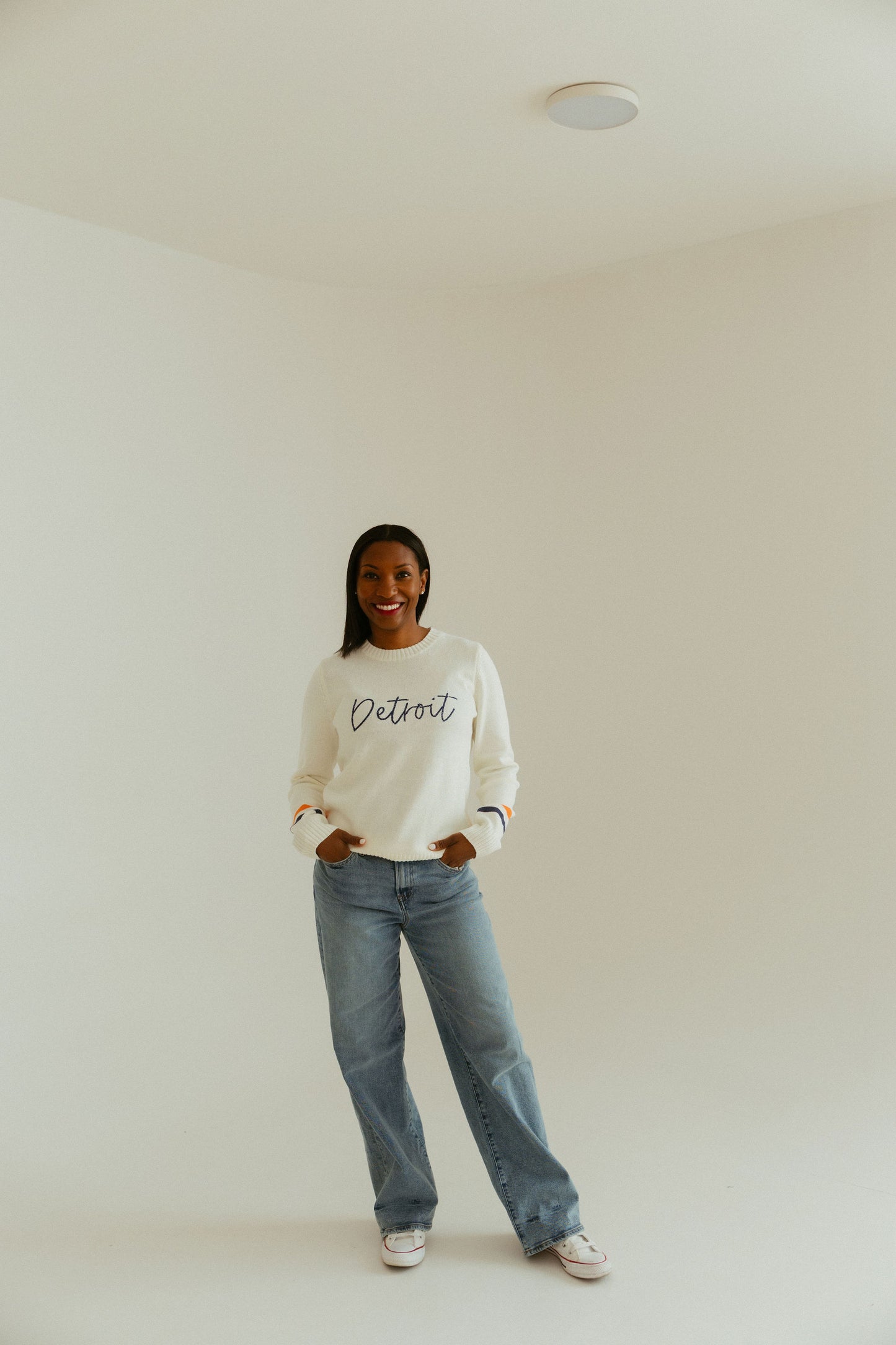 Detroit White Crewneck Navy/Orange Stripes