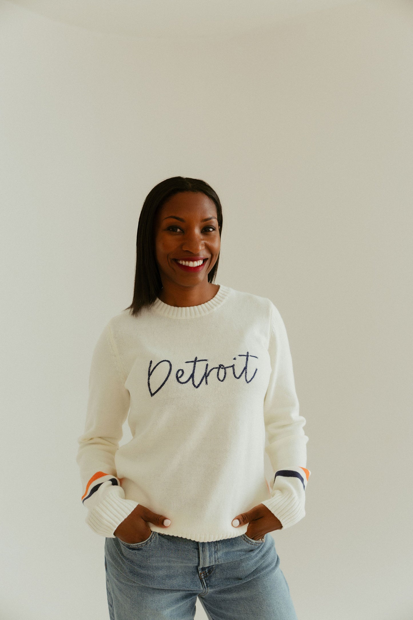 Detroit White Crewneck Navy/Orange Stripes