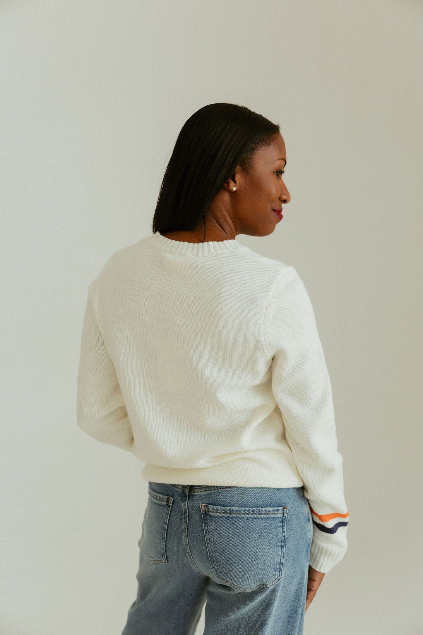 Detroit White Crewneck Navy/Orange Stripes