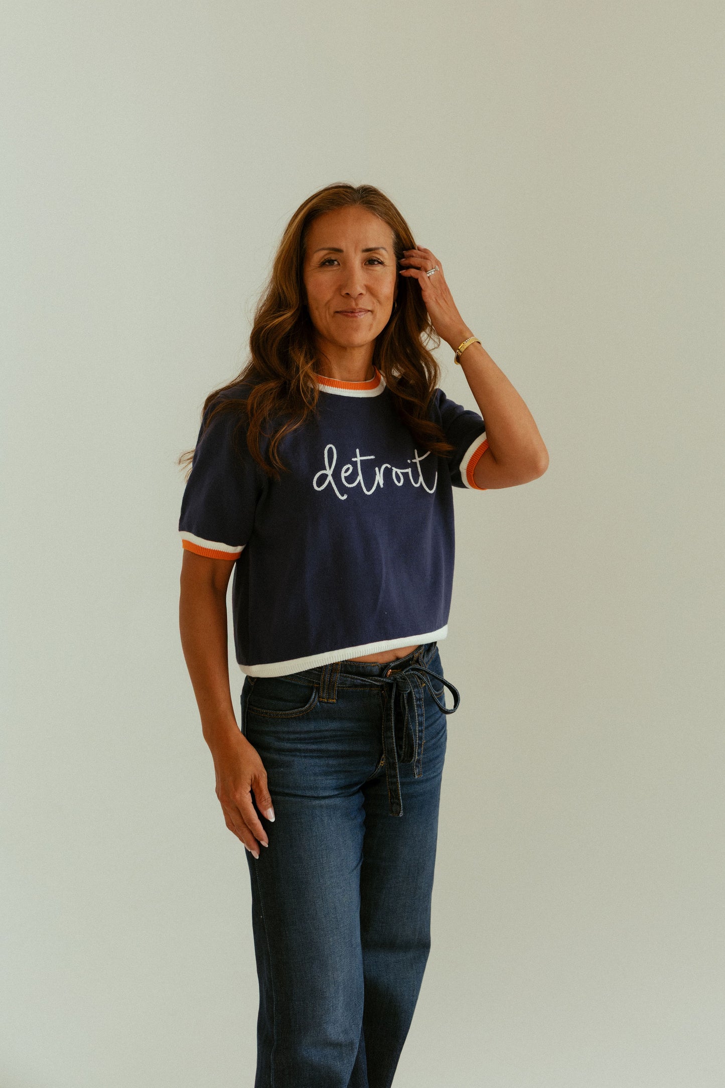 Detroit Navy Sweater with Orange/White Stripes