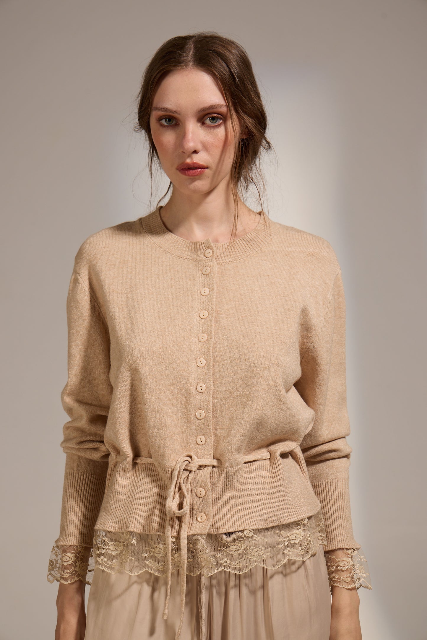 Funkadelic Lace Detail Cardigan In Greige