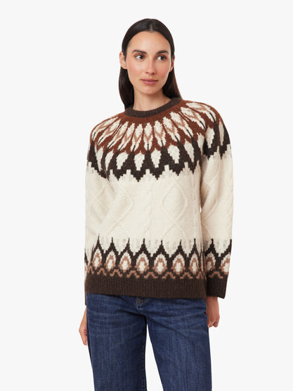 Fairisle & Cable Sweater in Ivory/Brown
