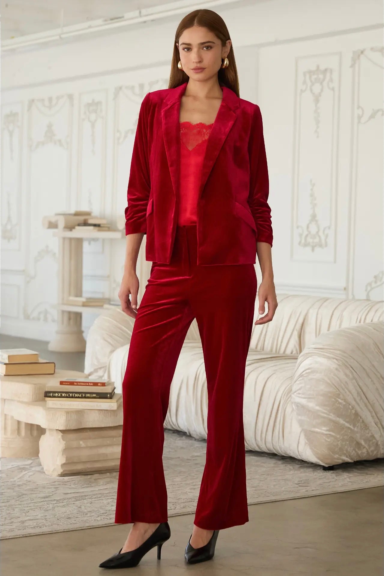 Berry Luxe Velvet Blazer in Red