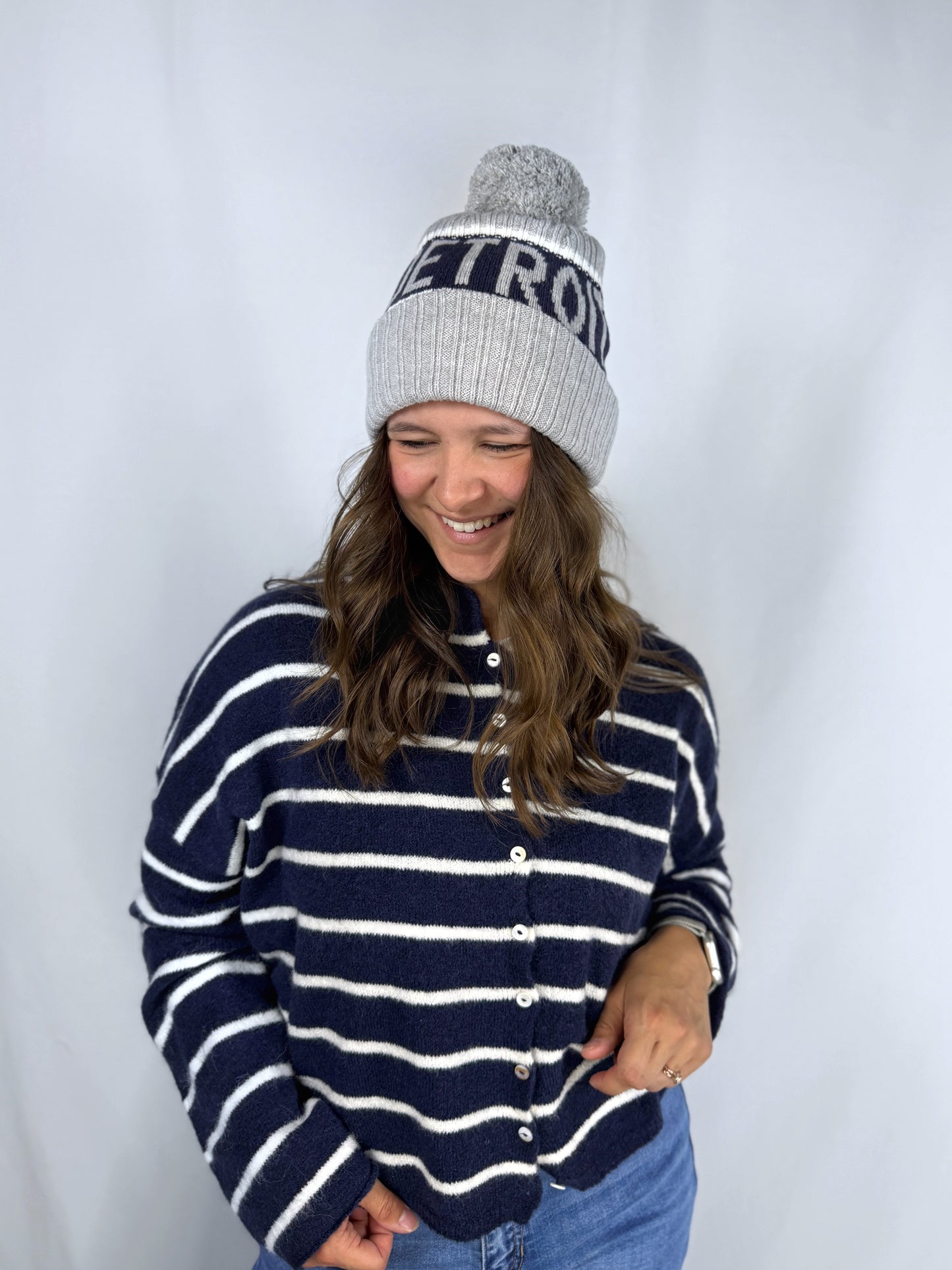 Detroit Pom Beanie Navy/Grey