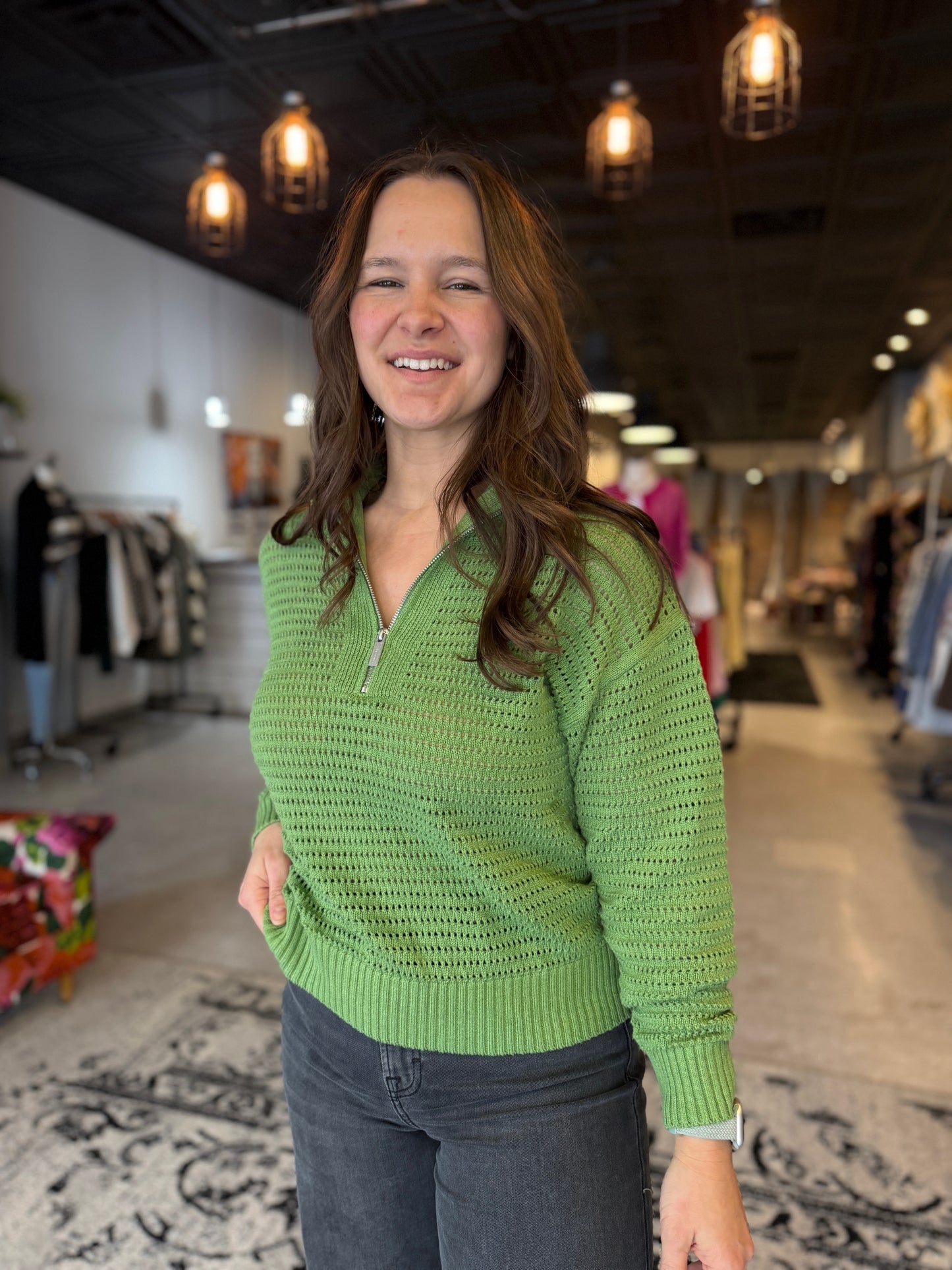 Open Knit Half Zip Sweater