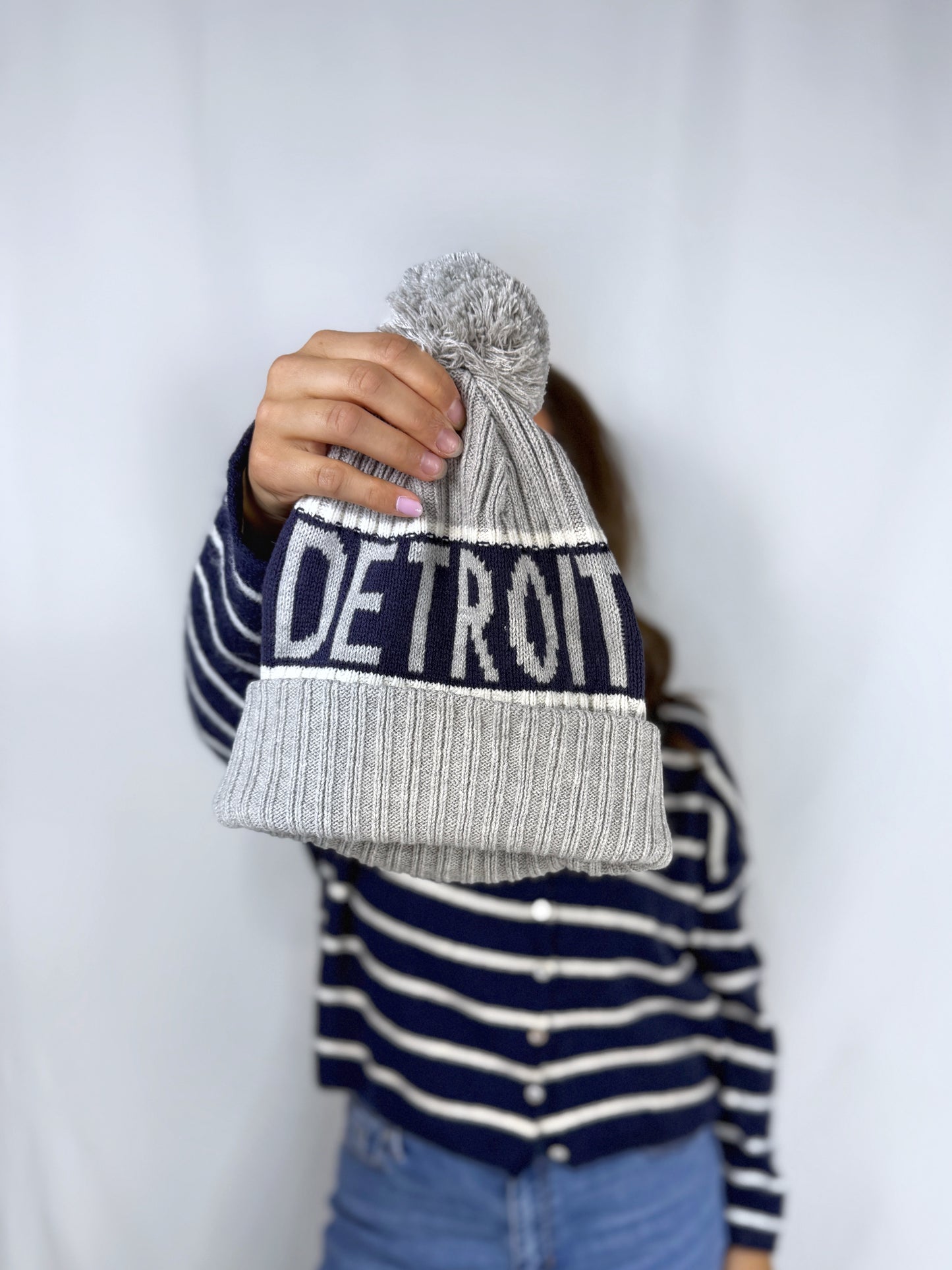 Detroit Pom Beanie Navy/Grey