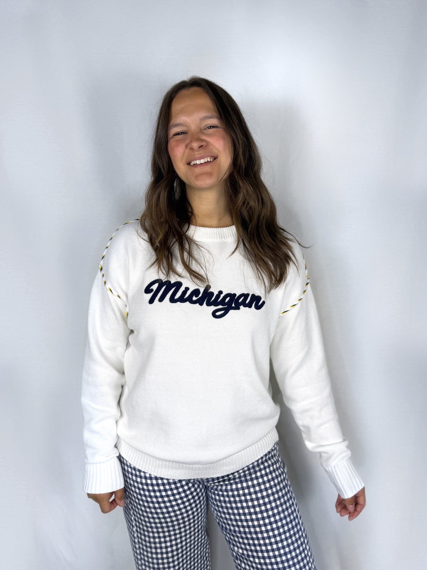 Michigan White Whipstitch Sweater