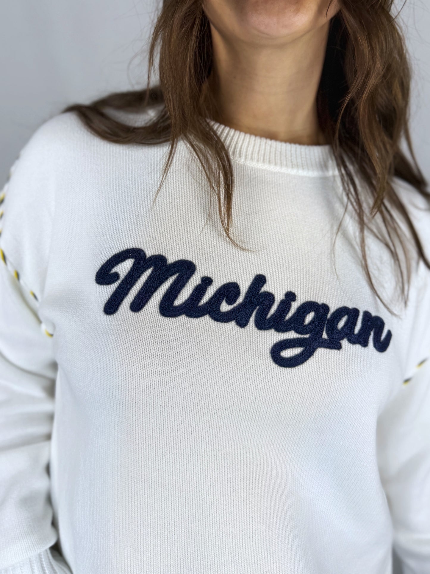 Michigan White Whipstitch Sweater