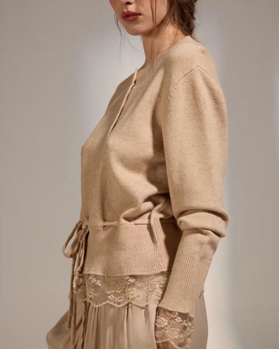Funkadelic Lace Detail Cardigan In Greige