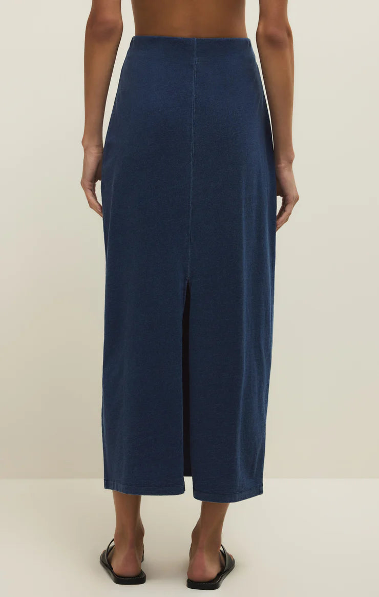 Gail Jersey Denim Midi Skirt in Indigo