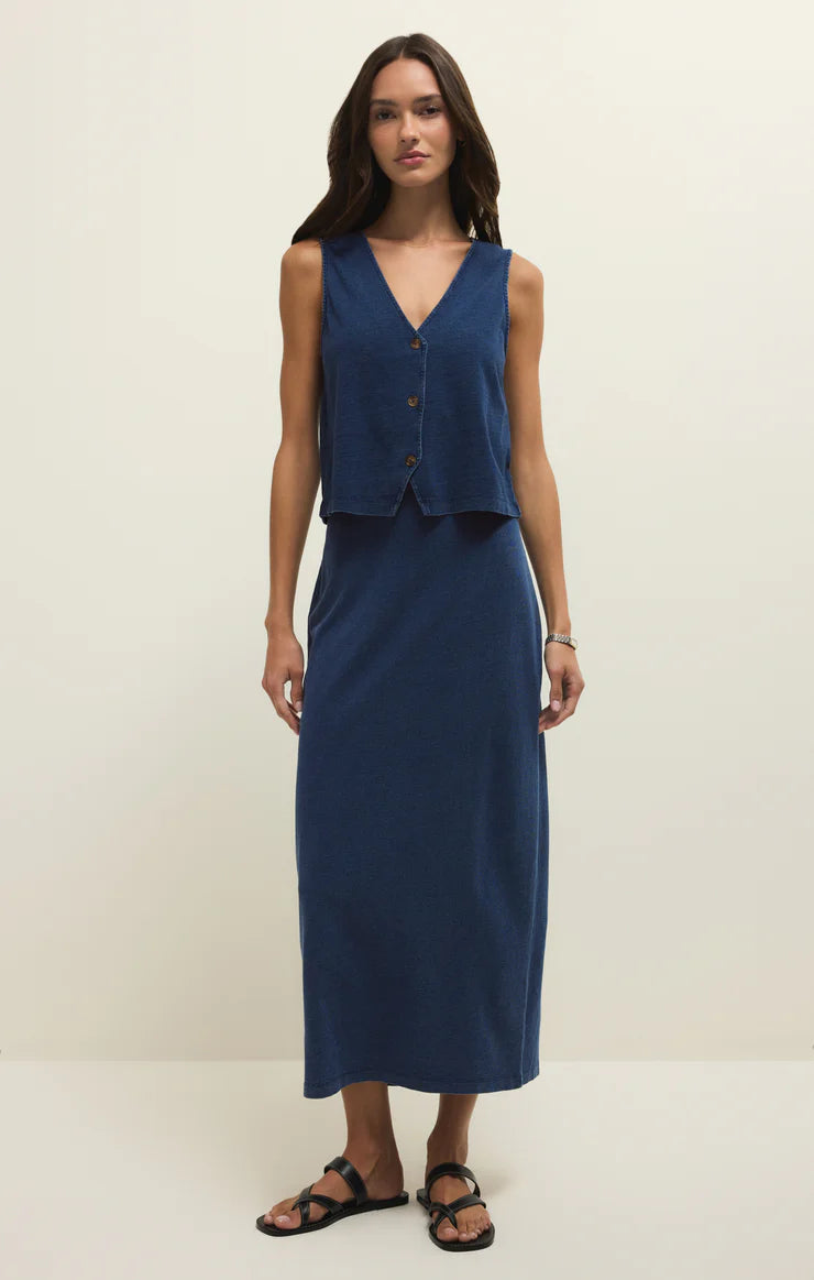 Gail Jersey Denim Midi Skirt in Indigo