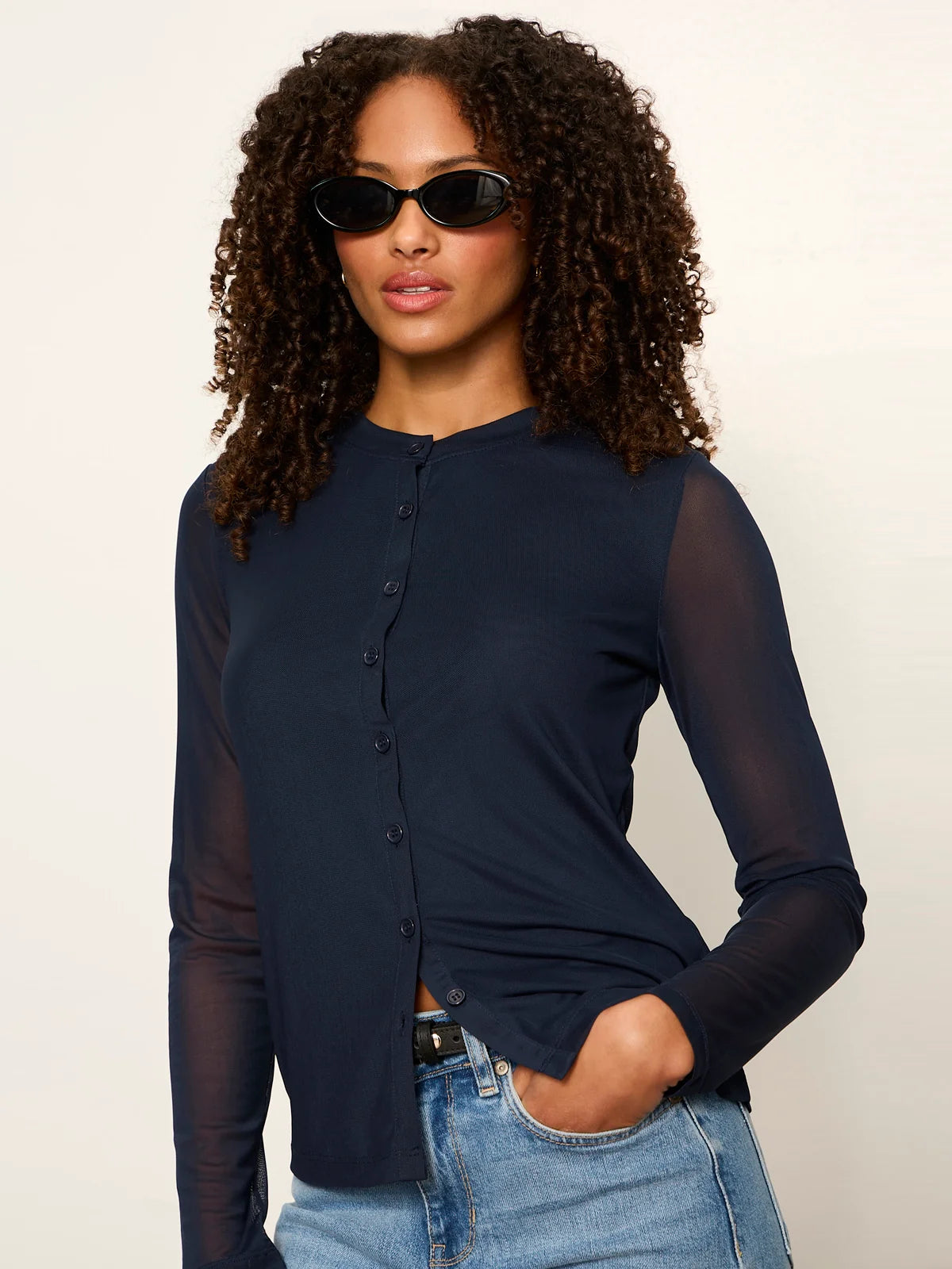 Mesh Long Sleeve Cardigan in Navy