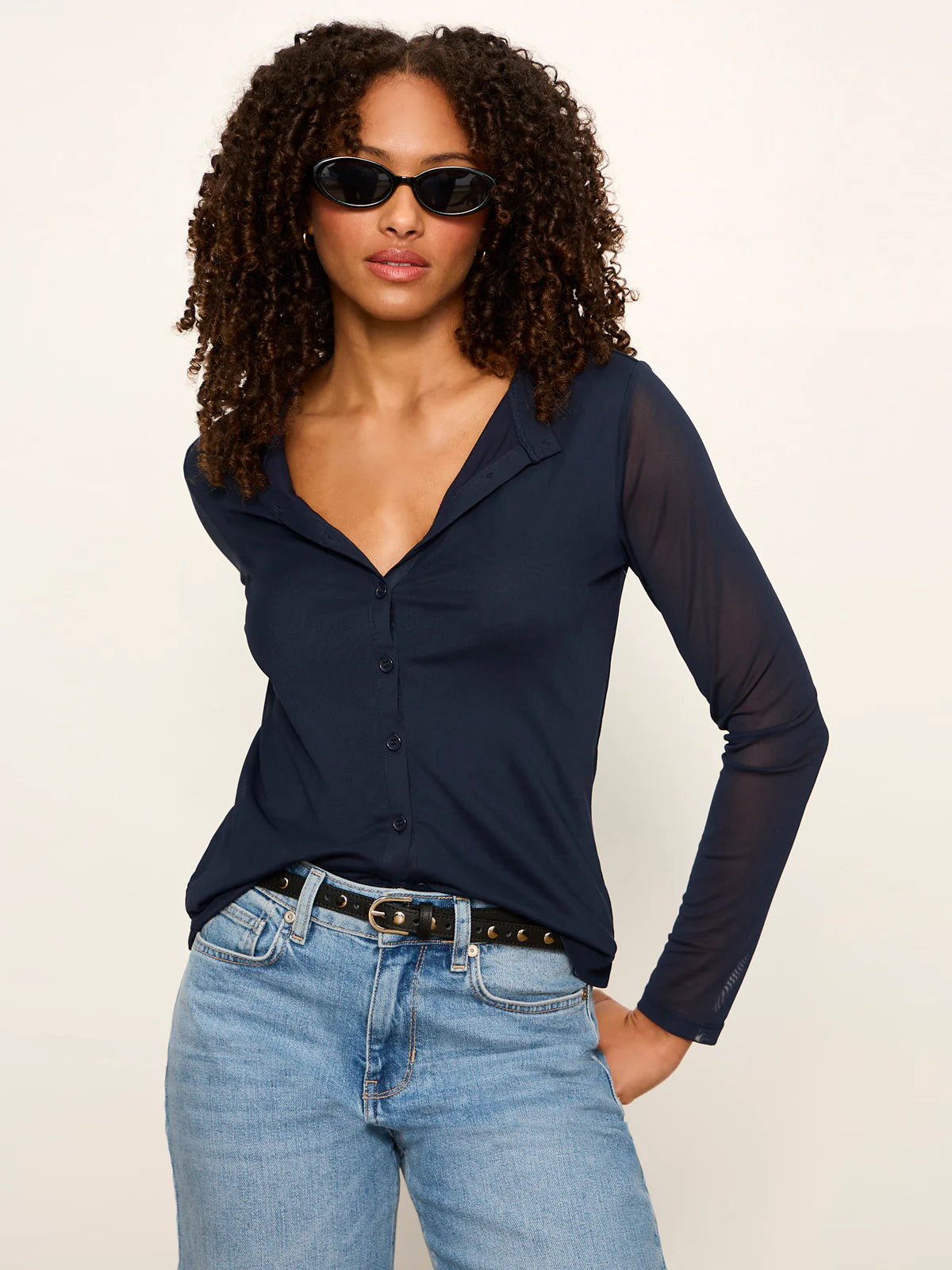 Mesh Long Sleeve Cardigan in Navy