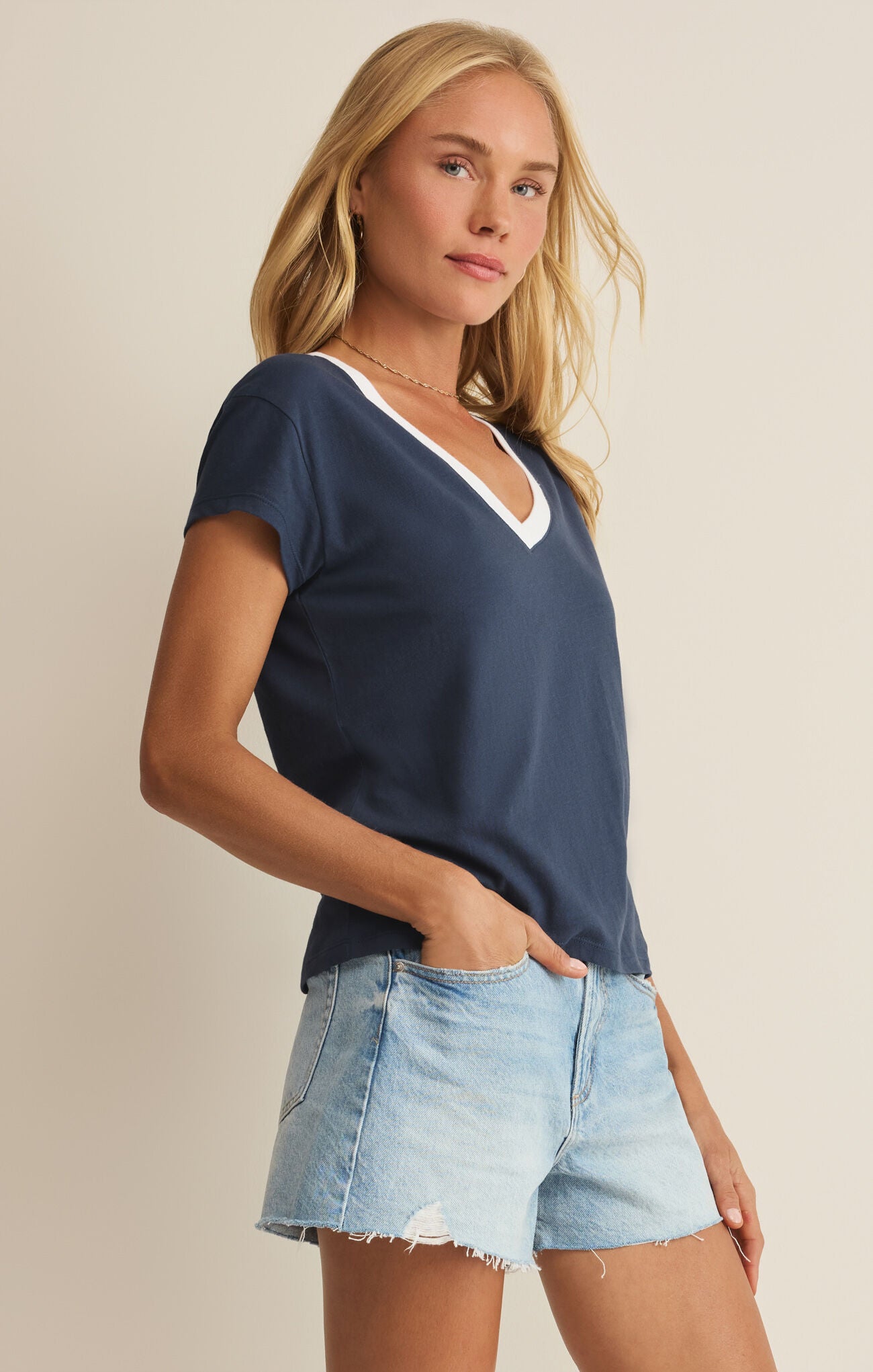 Modern Colorblocked V-Neck Tee in Twilight Blue