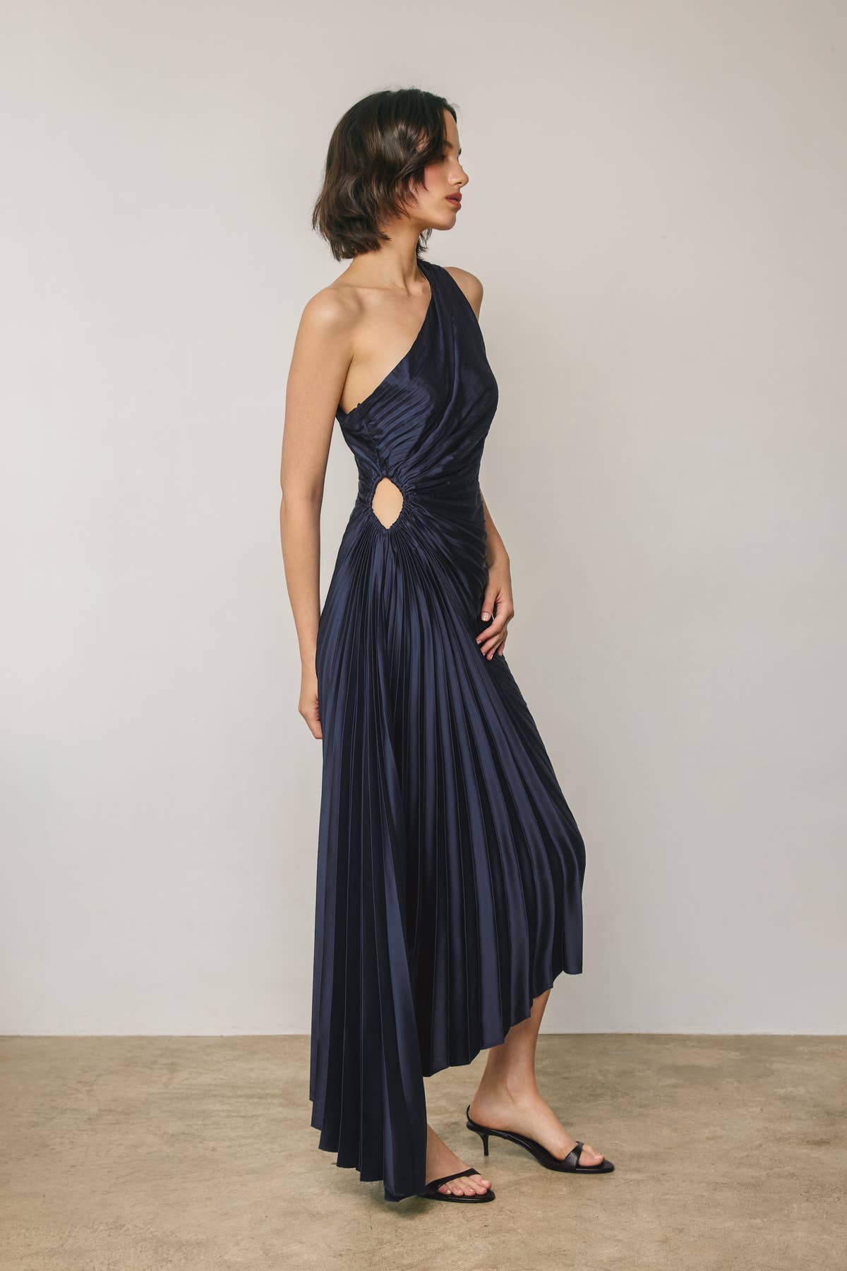 Olympia Pleated One Shoulder Dress in Midnight Navy