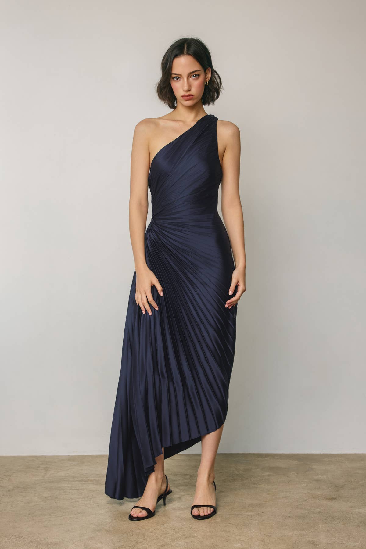 Olympia Pleated One Shoulder Dress in Midnight Navy