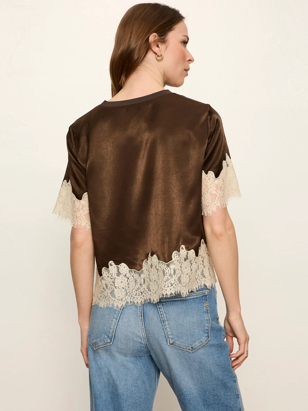 One Of A Kind Satin Lace Top in Espresso Martini