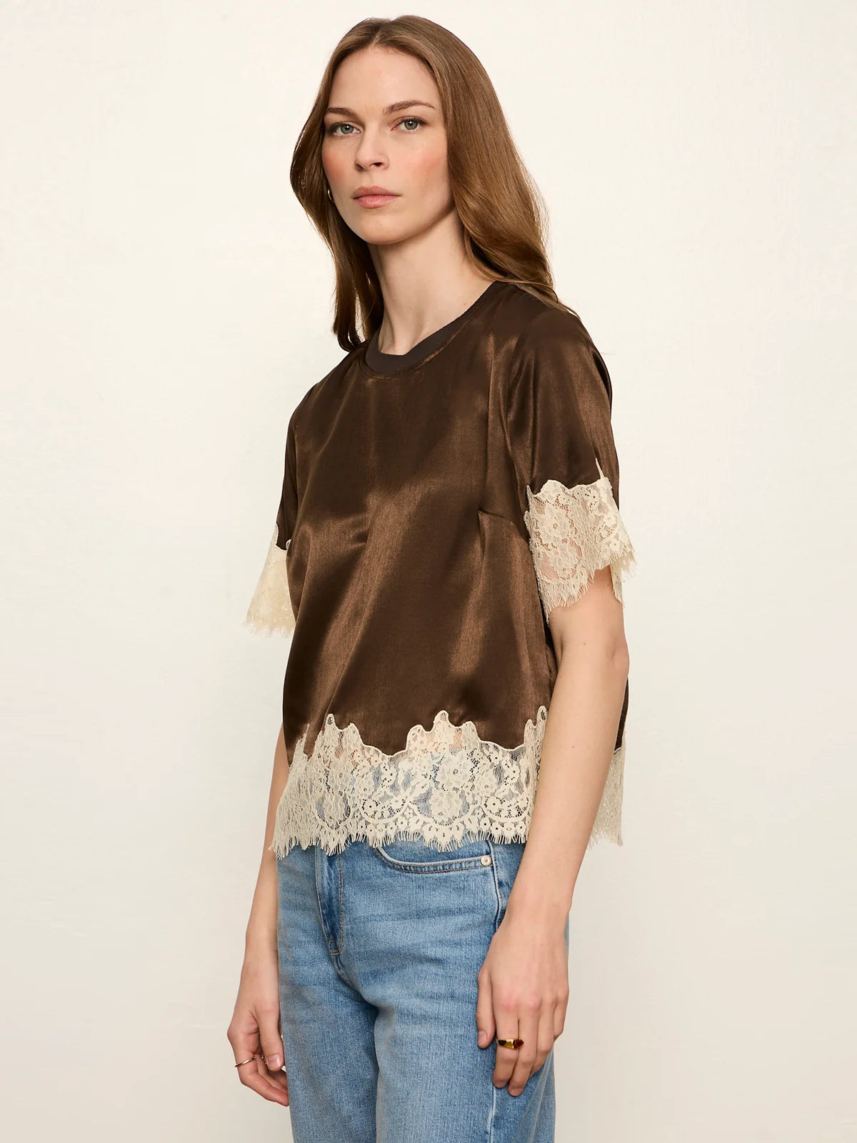 One Of A Kind Satin Lace Top in Espresso Martini