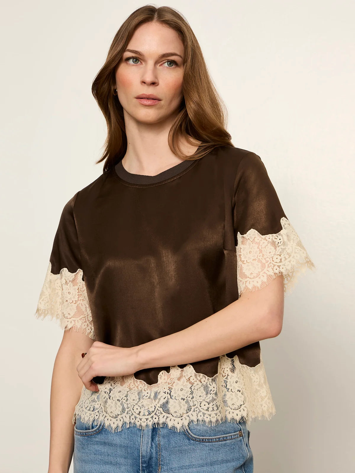 One Of A Kind Satin Lace Top in Espresso Martini