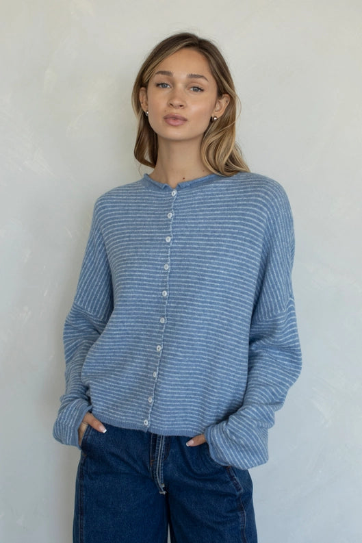 Pin Striped Piper Cardigan Dusty Blue