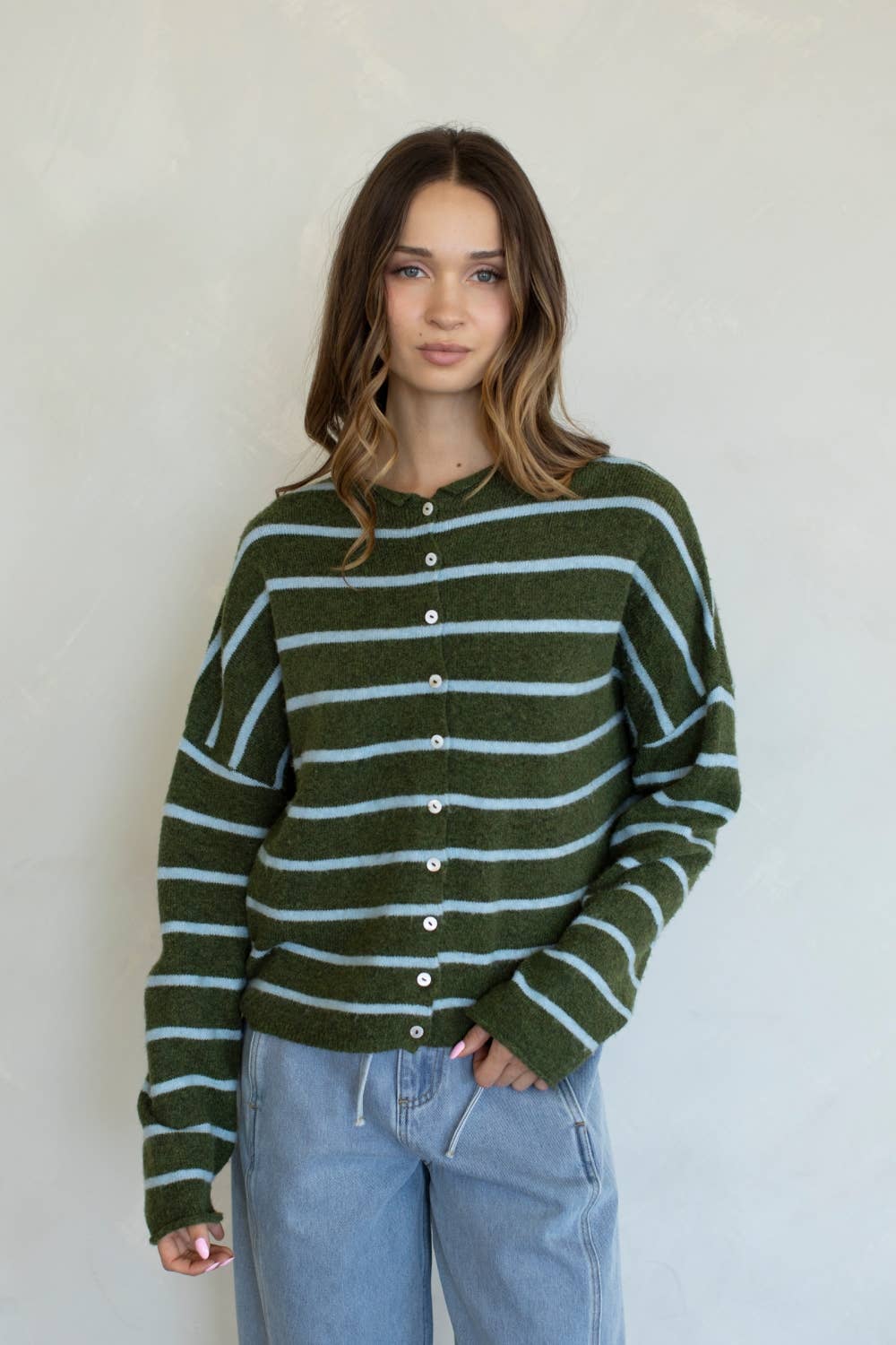 Cabana Striped Piper Cardigan in Olive