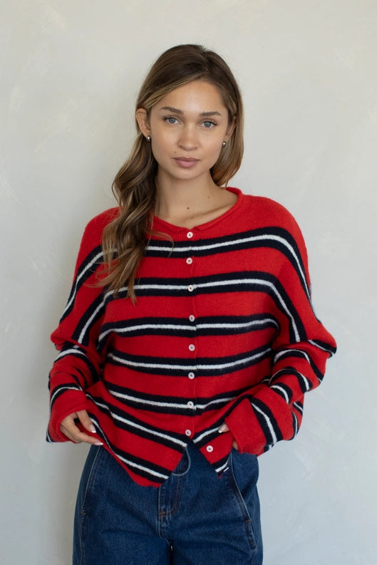 Piper Varsity Stripe Cardigan in Tomato Red