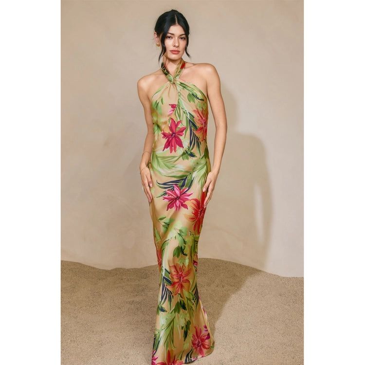 Rainforest Leaf Halter Maxi Dress