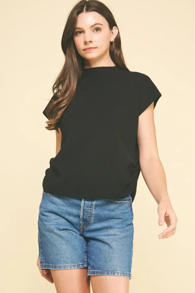 Cap Sleeve Shirred Sweater Black