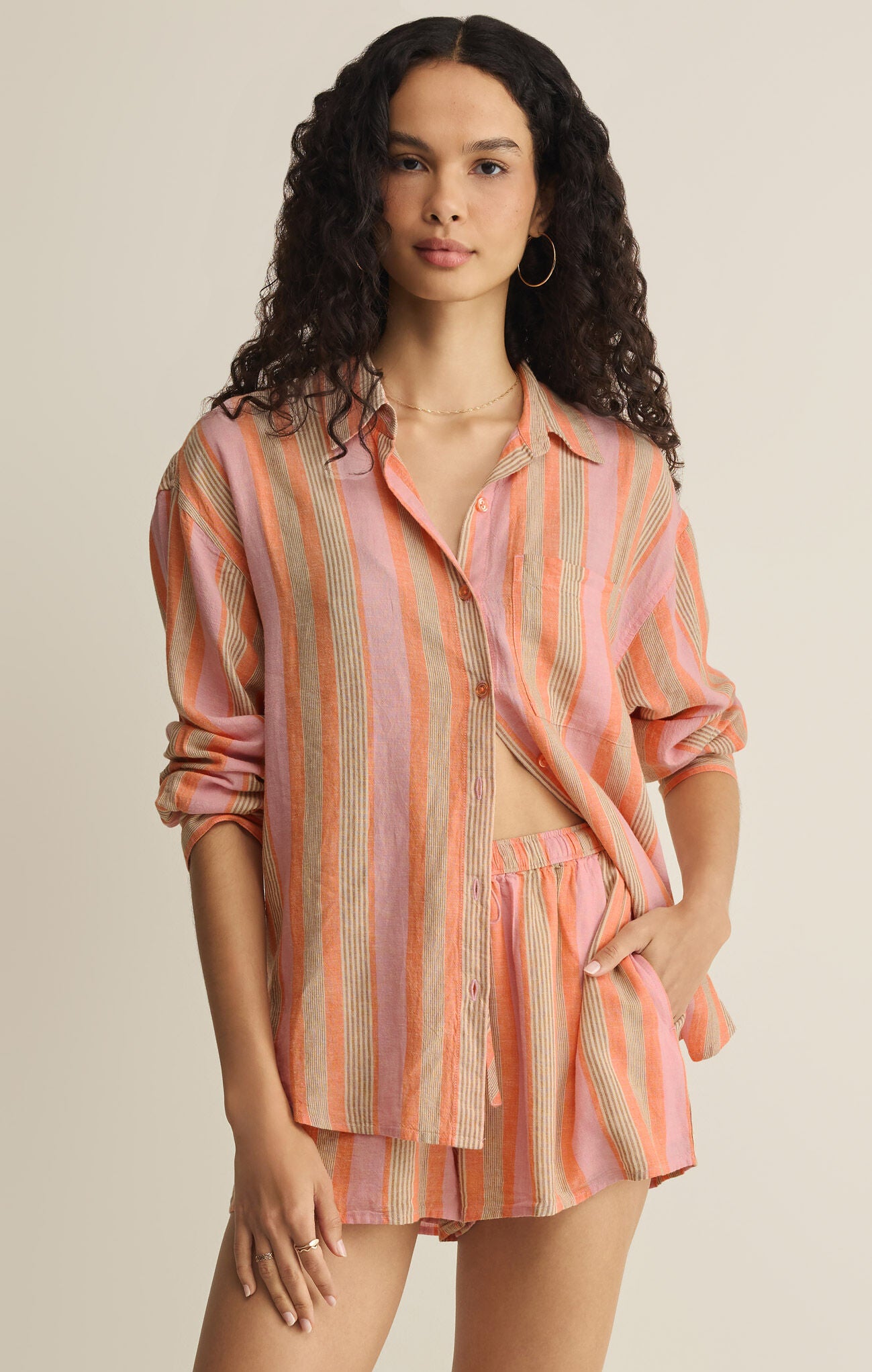 The Perfect Striped Button Up in Tiger Lily