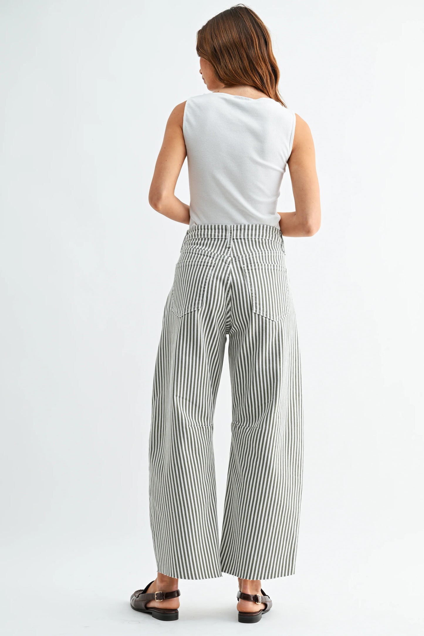 The Seamed Barrel Jean in Olive Stripe