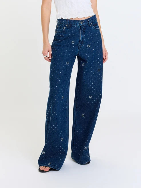 The Wanderer Mid Rise Palazzo Jeans in Glimmer