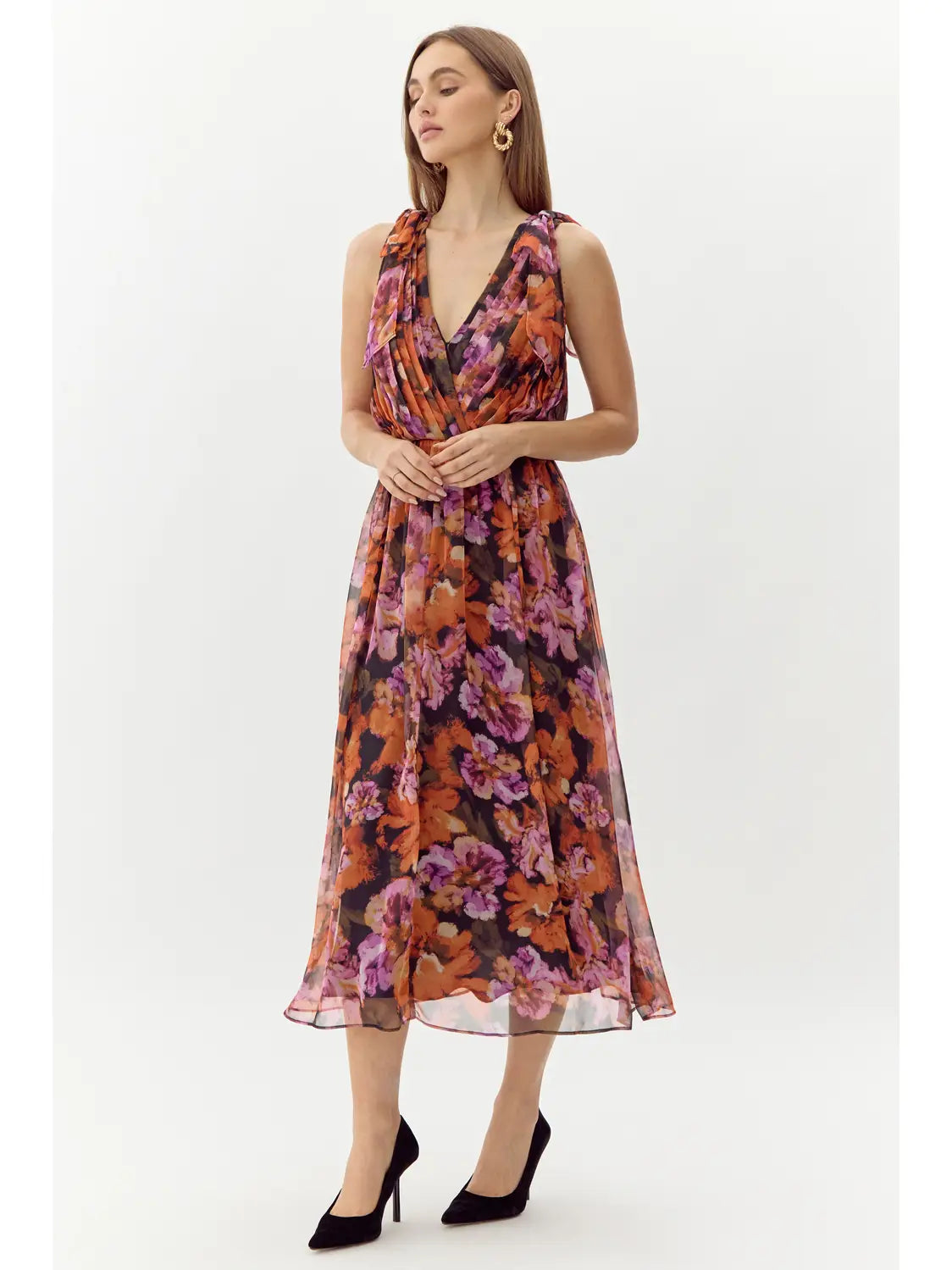 Vianka Tie Shoulder Chiffon Midi Dress