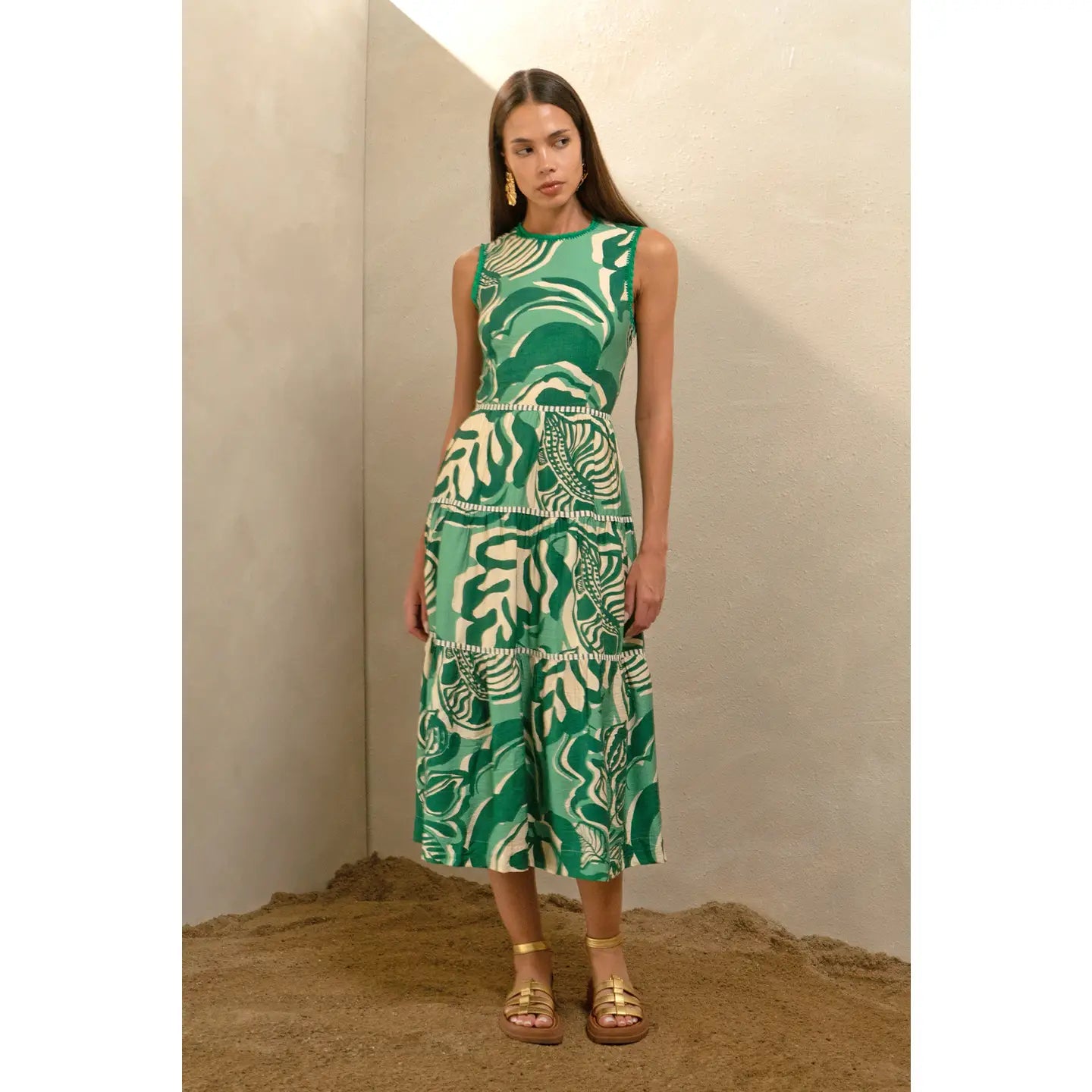 Alva Leaf Print Tiered Midi Dress