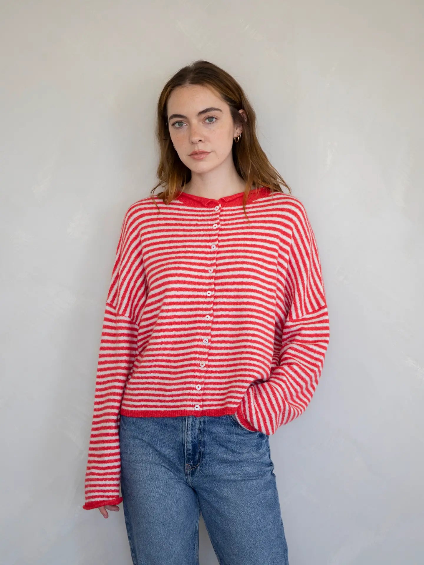 Piper Cardigan Red White Mini Stripe