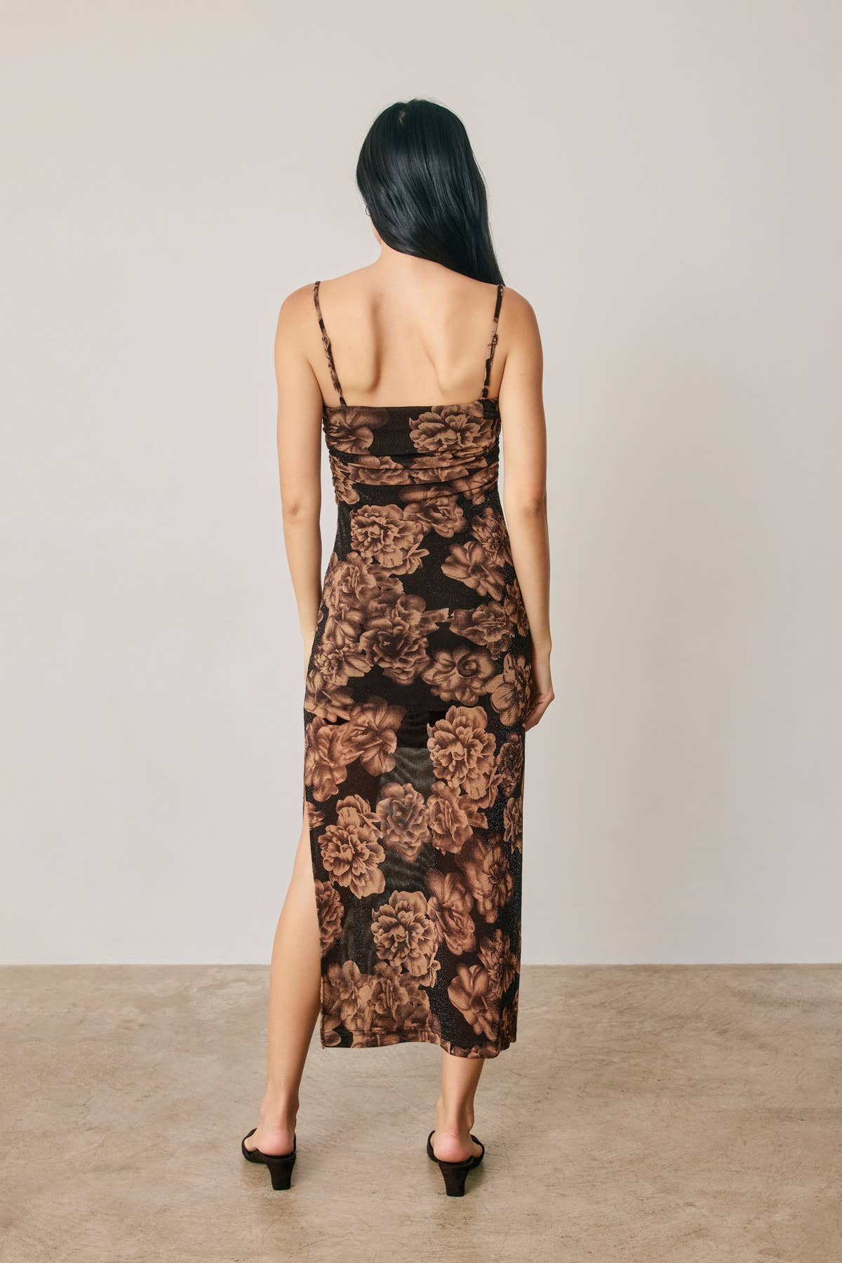 Metallic Floral Ruched Midi Dress